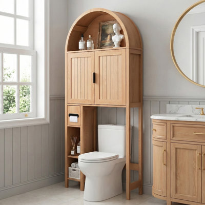 71" H Arched Over The Toilet Storage Cabinet With Paper Holder, 0.6" Extra Thick Free-standing Bathroom Organizer With Adjustable Shelf & Soft Close Hinges, Natural Wood