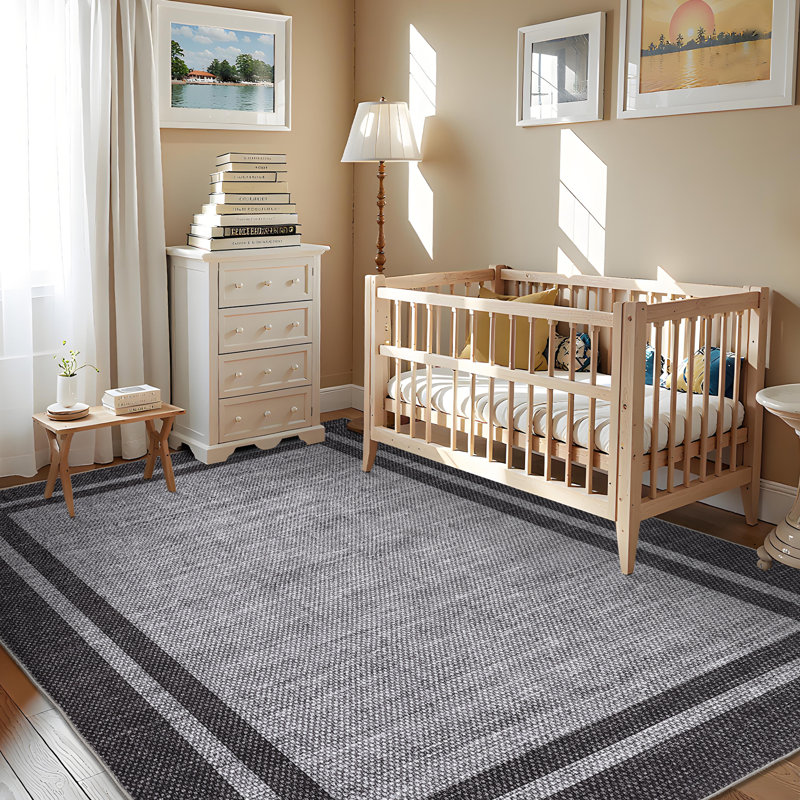 Modern Bordered Area Rug Washable Rug for Living Room, Neutral Minimalist Carpet, Soft Thin Low Pile Non Shedding Floor Covering, Indoor Foldable Non Slip Mat for Bedroom