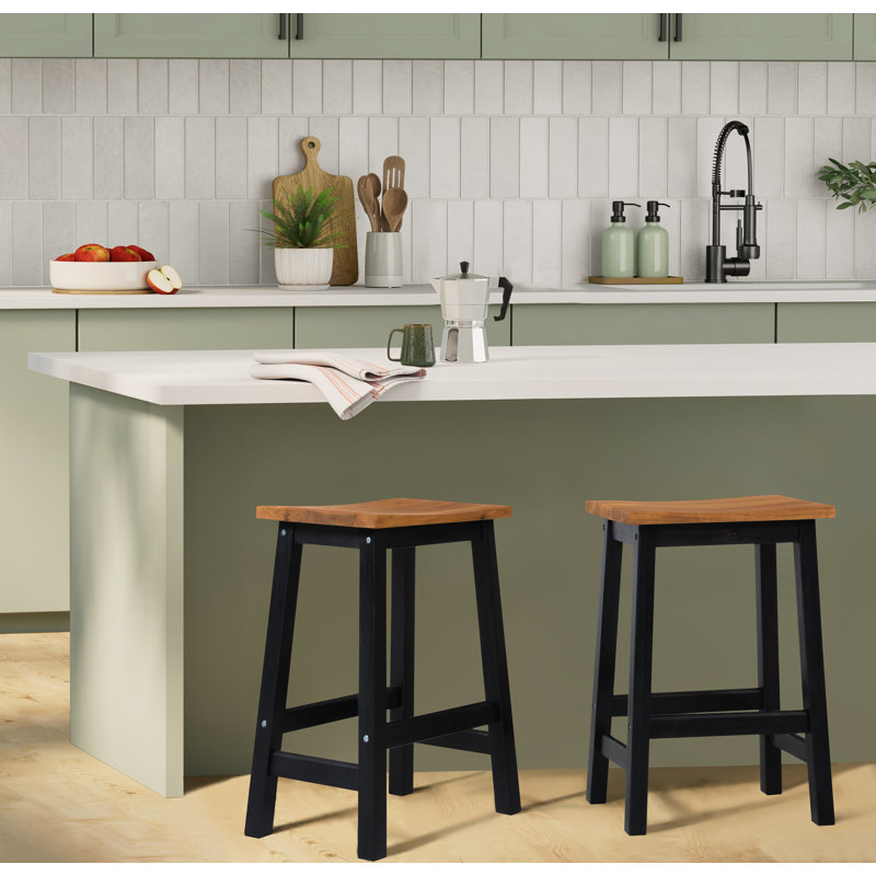Counter&Bar Solid Wood Backless Stool (Set of 2), Oak/Black