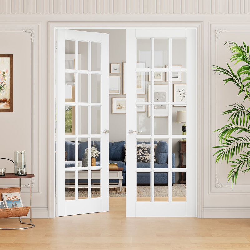 Porte intérieure à 15 carreaux en verre clair, portes françaises en MDF CARB P2 et verre trempé SGCC, quincaillerie en nickel satiné - poignée de porte avec serrure, loquet et charnières, préfinie et imperméable, garde-manger, chambre, salle de bain et placard, teinture facile à faire soi-même, 152 cm x 203 cm