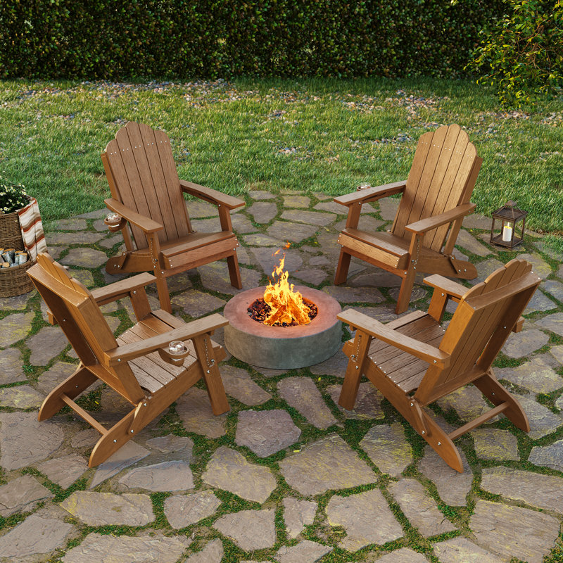 Weather Resistant HDPE Folding Adirondack Chair with Cup Holder, Easy Assemble Outdoor Adirondack Chair for Patio, Yard and Pool