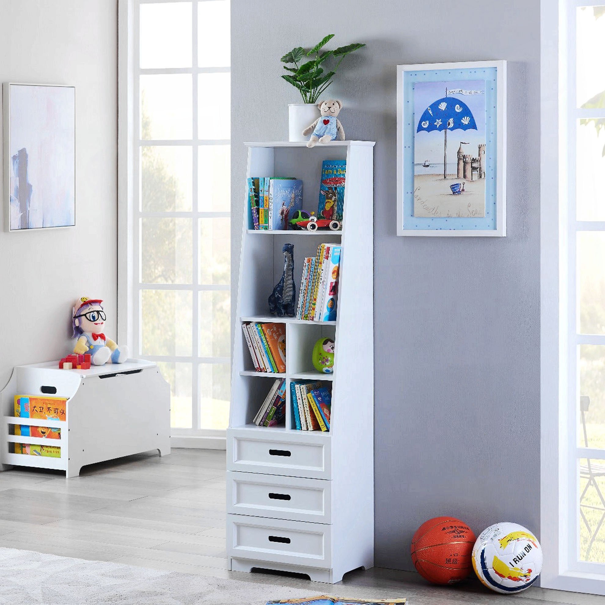 Kids Bin Storage and Book Case, Kids Book Shelves - White Finish