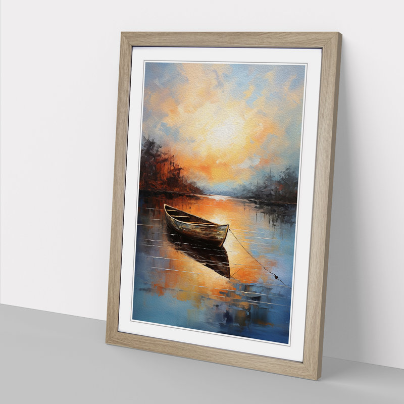 Boat On A Lake Action Painting No.2 - Single Picture Frame Print on Wood, 46cm H x 34cm W x 2cm D, Oak Framed