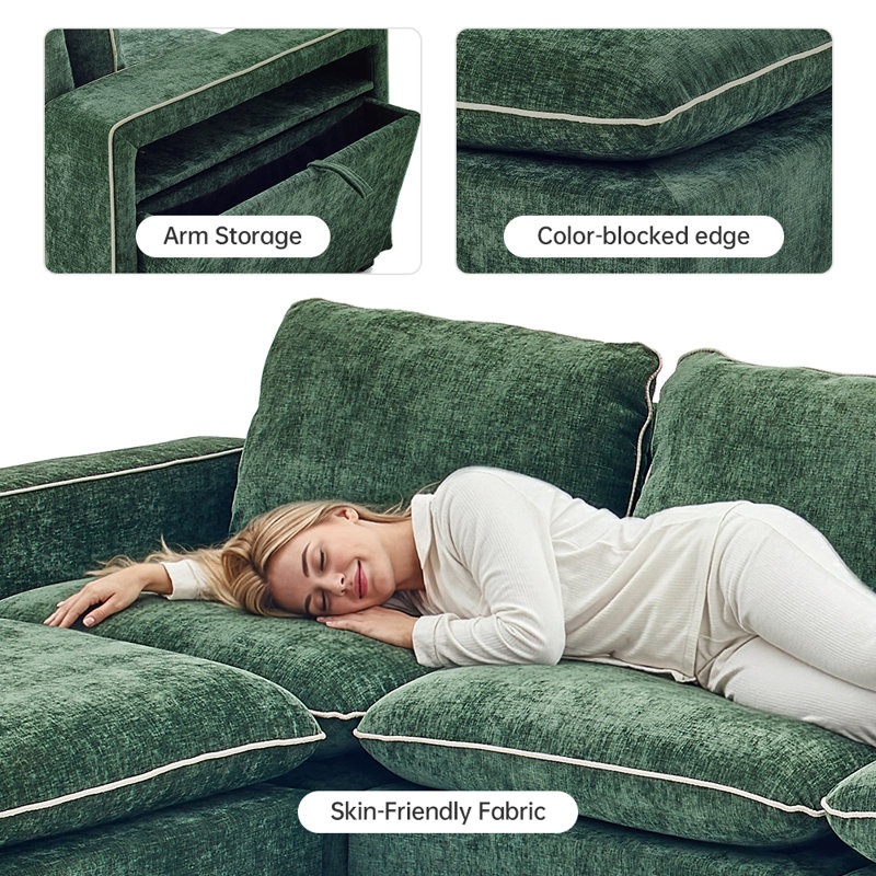 6-Piece U-Shaped Green Chenille Modular Sectional With Storage Arm, Green Chenille