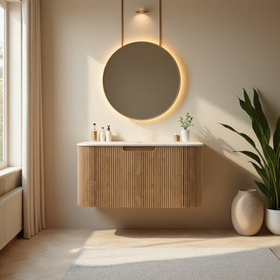 Modern Wall-mounted Bathroom Cabinets With 1 Drawer, Beige Sintered Stone Vanity Top & Brown Wood Cabinet, No Sink Included