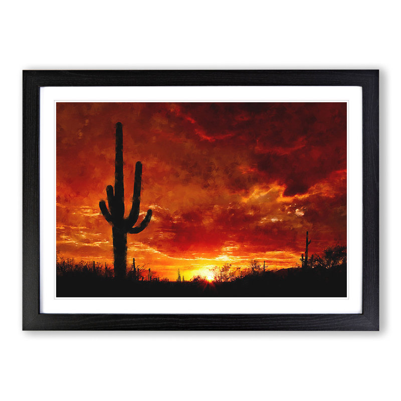 Sunset in Saguaro - Picture Frame Painting, 36cm H x 48cm W x 2cm D, Black Framed