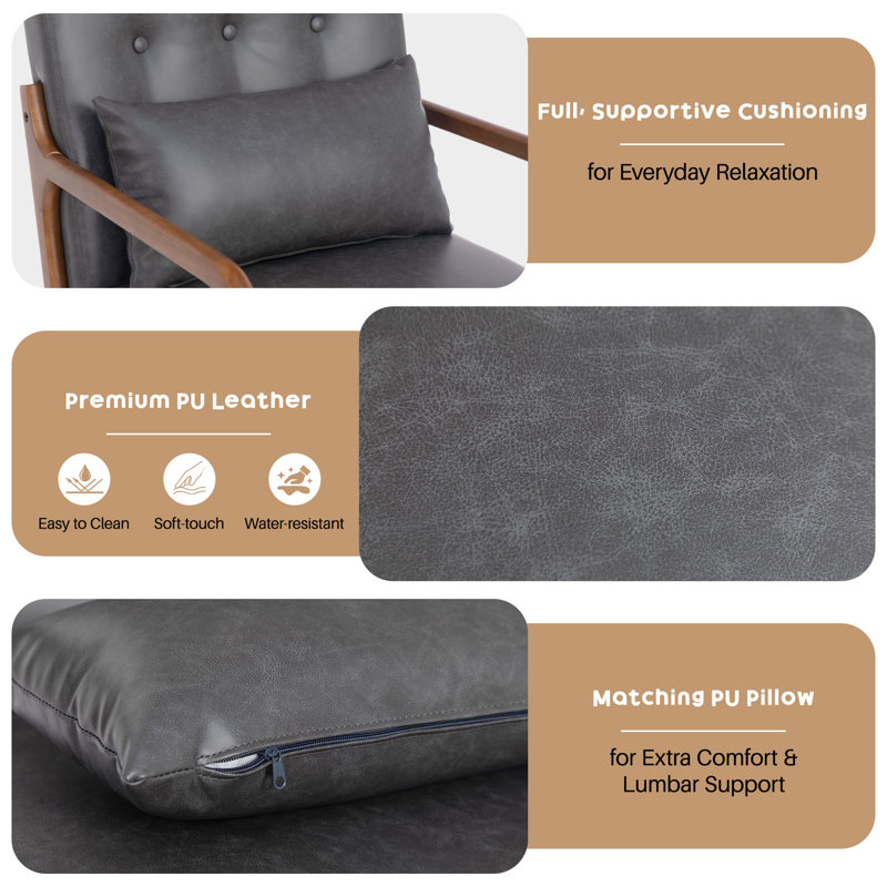 Walthill 63 cm Modern Scandinavian Solid Wood Armchair,  Faux Leather, Grey