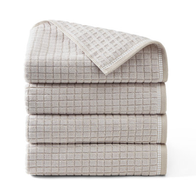 TOWN & COUNTRY EVERYDAY 4-Piece Textured Windowpane Bath Towel Set, 30x58-Inch, 100% Cotton, Grey