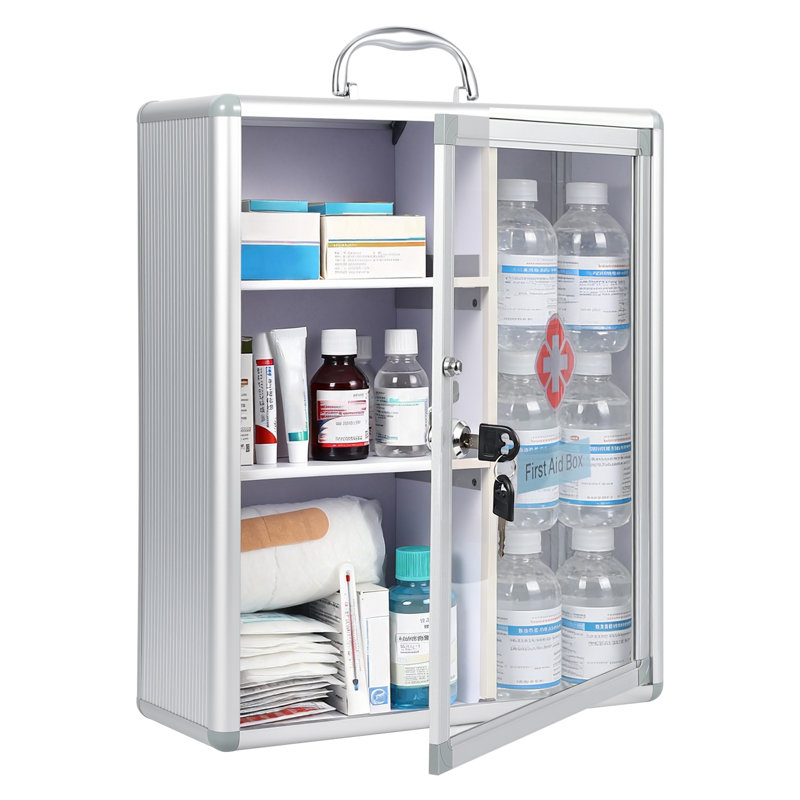 Grande armoire à pharmacie murale verrouillable – Rangement de premiers secours en métal pour salle de bain avec poignée et serrure à combinaison – Organisateur de médicaments sécurisé – Autocollant inclus – Argent