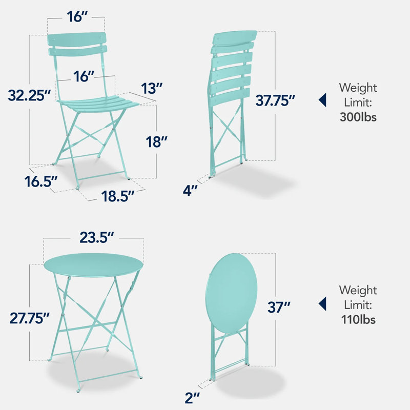 Folding Patio Bistro Set, Aqua Blue
