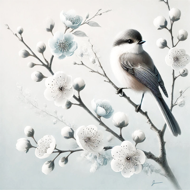 Impression sur toile «Elegance of Nature - White Blossom and Bird», H 12 po x l 12 po x P 1 po