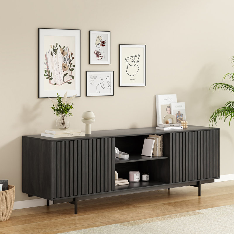 Meuble télé noir Mid-Century, rangement pour téléviseur de 75 po