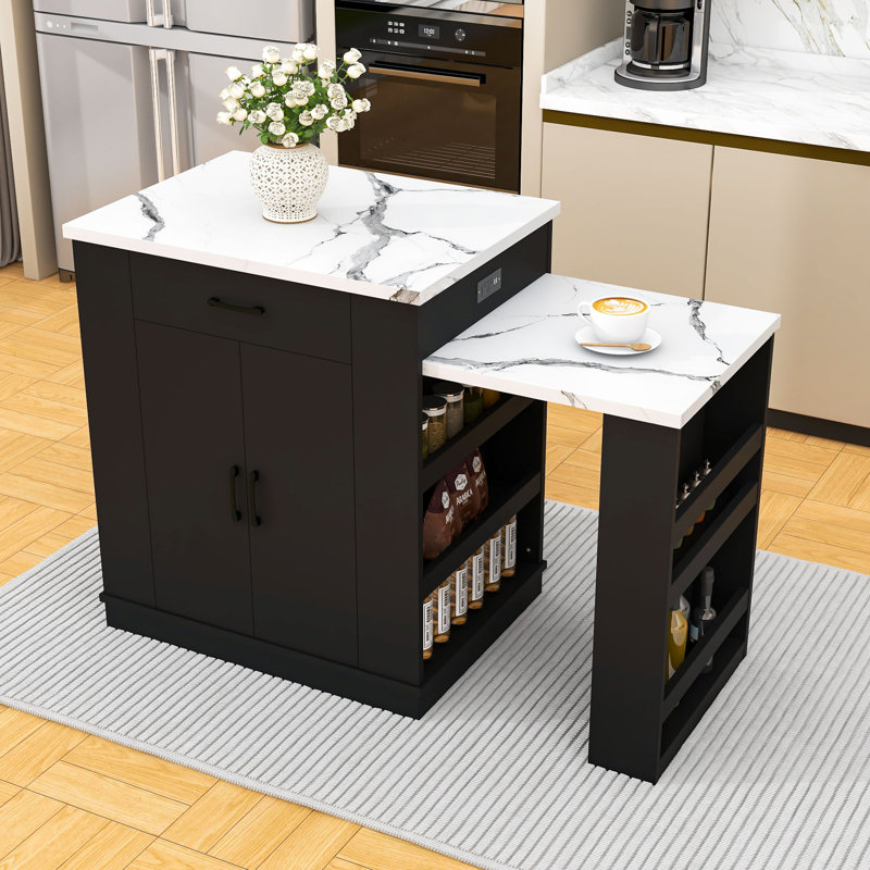 Extendable Kitchen Island with Drawers, Double-Door Cabinet, Open Shelving and Telescoping Countertop, Black