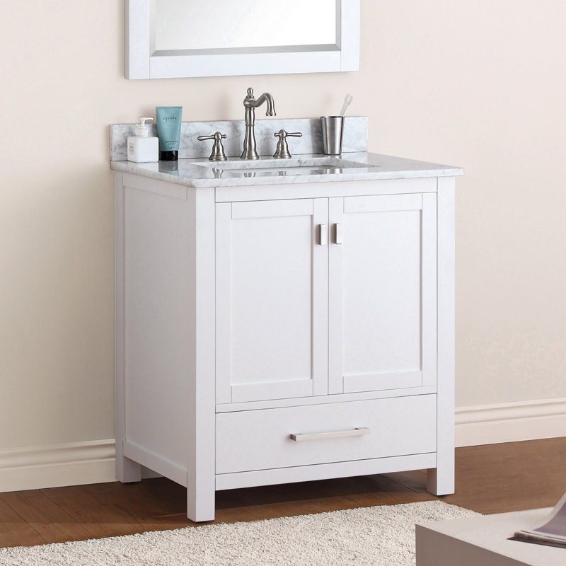 Modero 30" Single Bathroom Vanity with Top, Carrera White Marble, White, Brushed Nickel