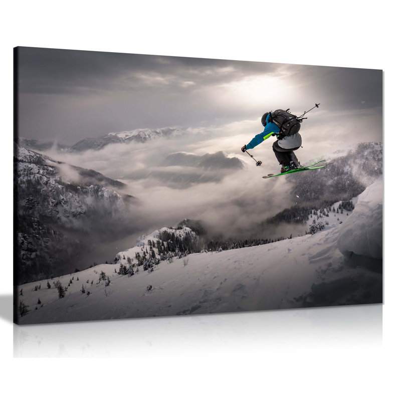 Winter Ski Jump Drop from a Mountain 1 Piece Wrapped Canvas Wall Art, 31cm H x 46cm W