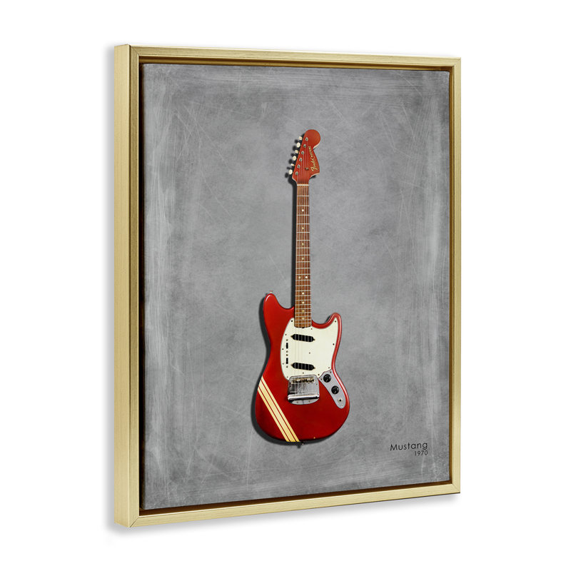 Guitare rouge sur cadre flottant gris, design par Mark Rogan, H 31 po x l 25 po, Cadre flottant métallique doré