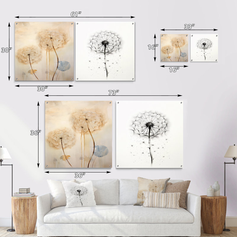 Dandelion Mute Tone IV - Ensemble de 2 verres muraux en acrylique, H 36 po x l 73 po