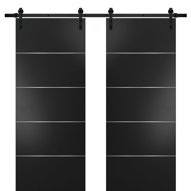 Portes intérieures en bois de grange robuste avec ensemble de quincaillerie d'installation Planum, Noir, 56 po x 80 po