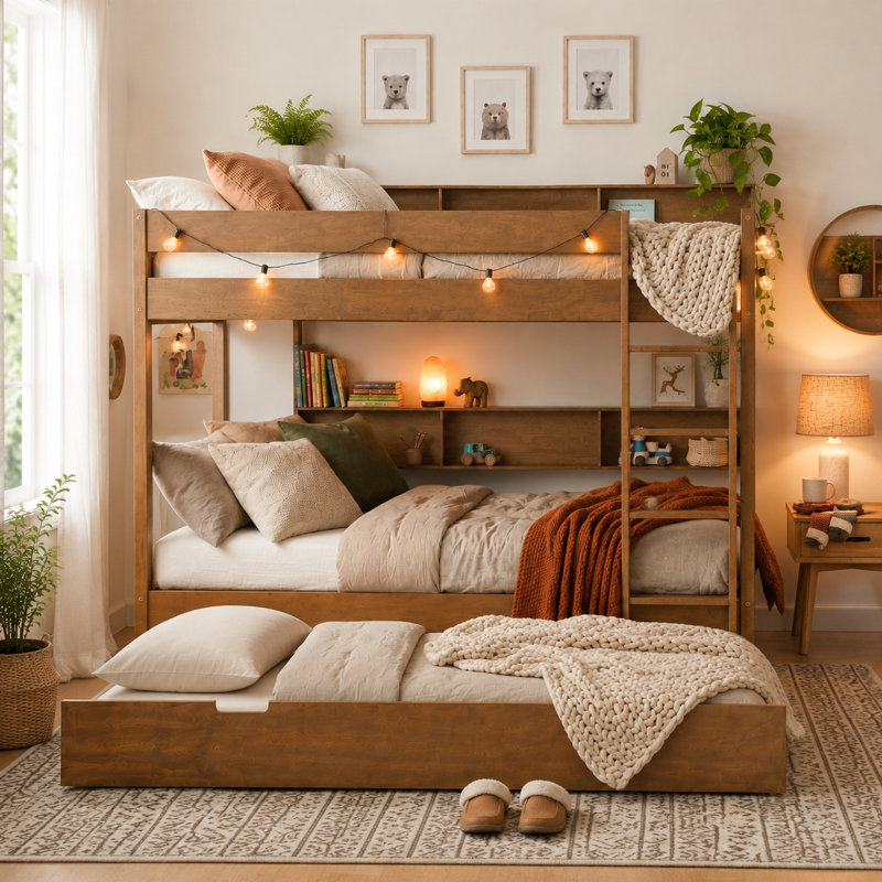 Lit superposé avec lit gigogne escamotable et tablettes de rangement intégrées, Double sur double, Bois