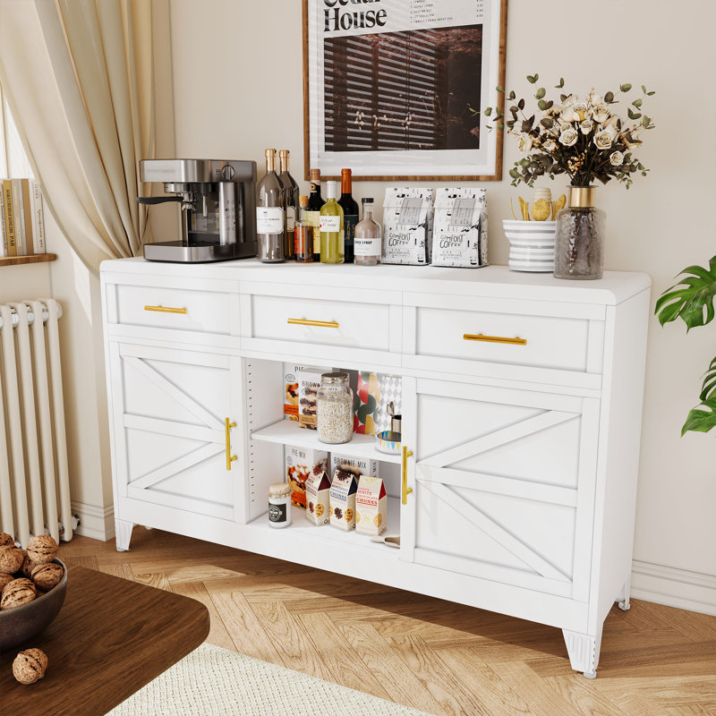 Buffet moderne en métal noir et blanc avec 2 portes et 3 tiroirs, H 35,83 po x l 59,06 po x P 15,75 po, Blanc