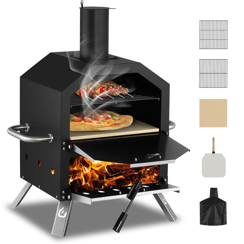 Four à pizza en acier autoportant en acier pour l'extérieur avec deux zones de cuisson en noir