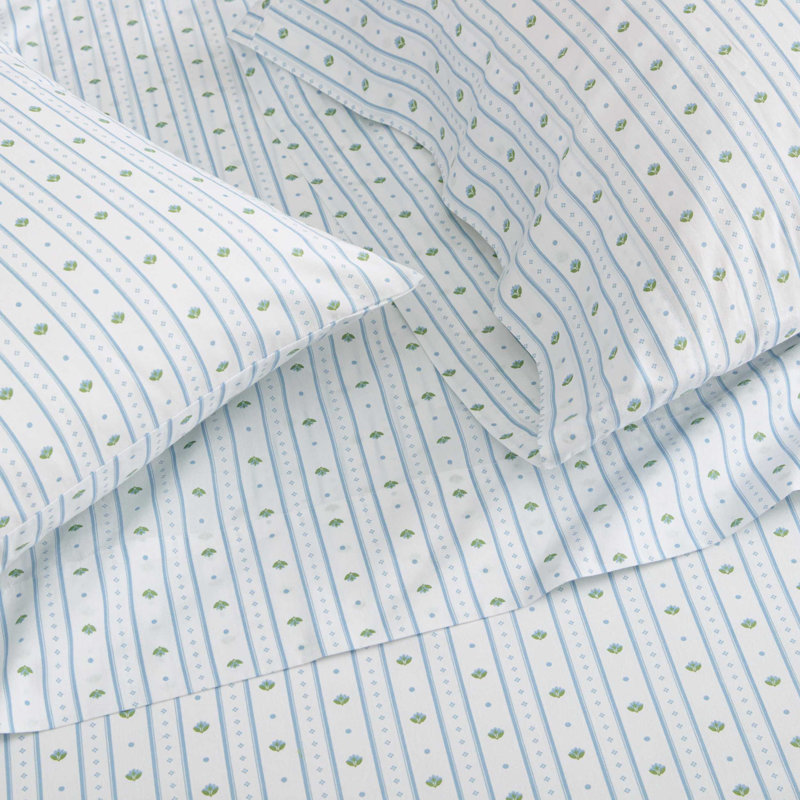 Martha Stewart Cotton Percale  Sheet Set, King Sheet Set with 2 Pillowcases, Floral Stripe Blue
