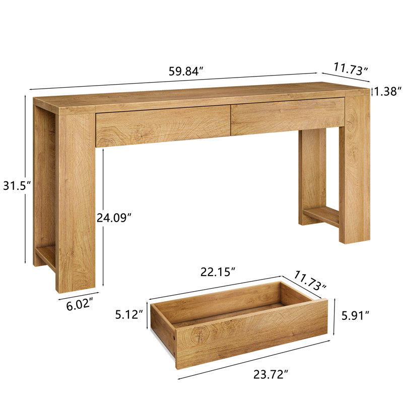 60 Inch Light Oak Console Table with 2 Drawers and Side Shelves, Farmhouse Entryway Sofa Table