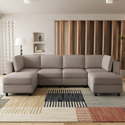 U-Shape Upholstered Modular Sofa Couch With Storage Ottomans