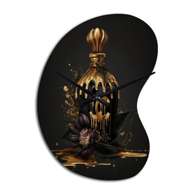 Abaunza Chic, bouteille de parfum noire et dorée - mode horloge asymétrique en métal, impression d'horloge murale de forme irrégulière Glam