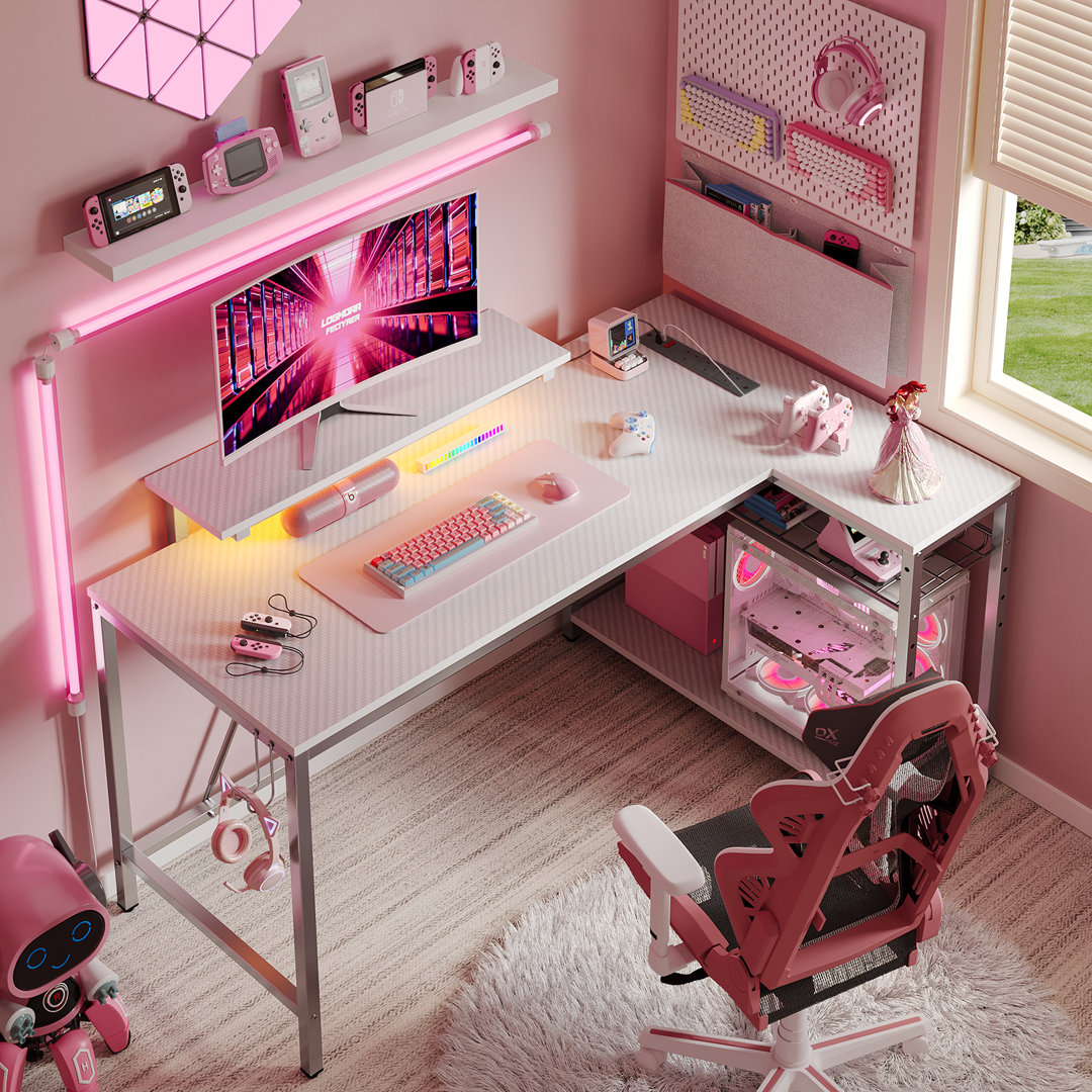 L-shaped Computer Desk with Power Outlet, Gaming Desk with Monitor Stand and Shelves