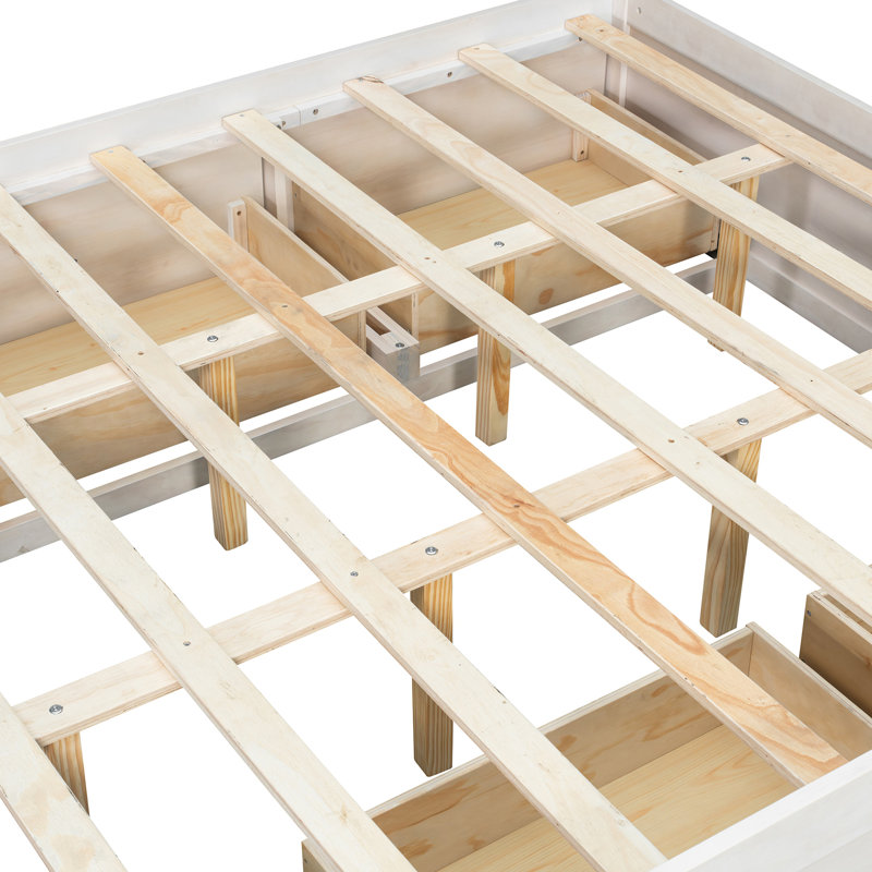 Structure de lit plateforme grand format avec 4 tiroirs de rangement et casier de rangement au pied de lit, sans tête de lit, design moderne et peu encombrant - blanc antique