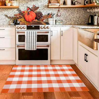 Buffalo Plaid Outdoor Rug - Orange & White - Checkered, Washable, Indoor/Outdoor, Layered Front Door, Porch/Entryway/Kitchen Rug