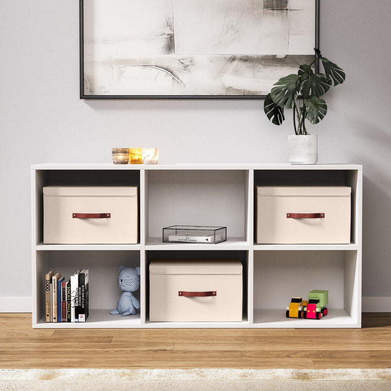 6 Pack Rectangle Storage Shelf Basket Bin with Lid and Leather Handles, Beige, 9" H x 11.8" W x 16.5" D