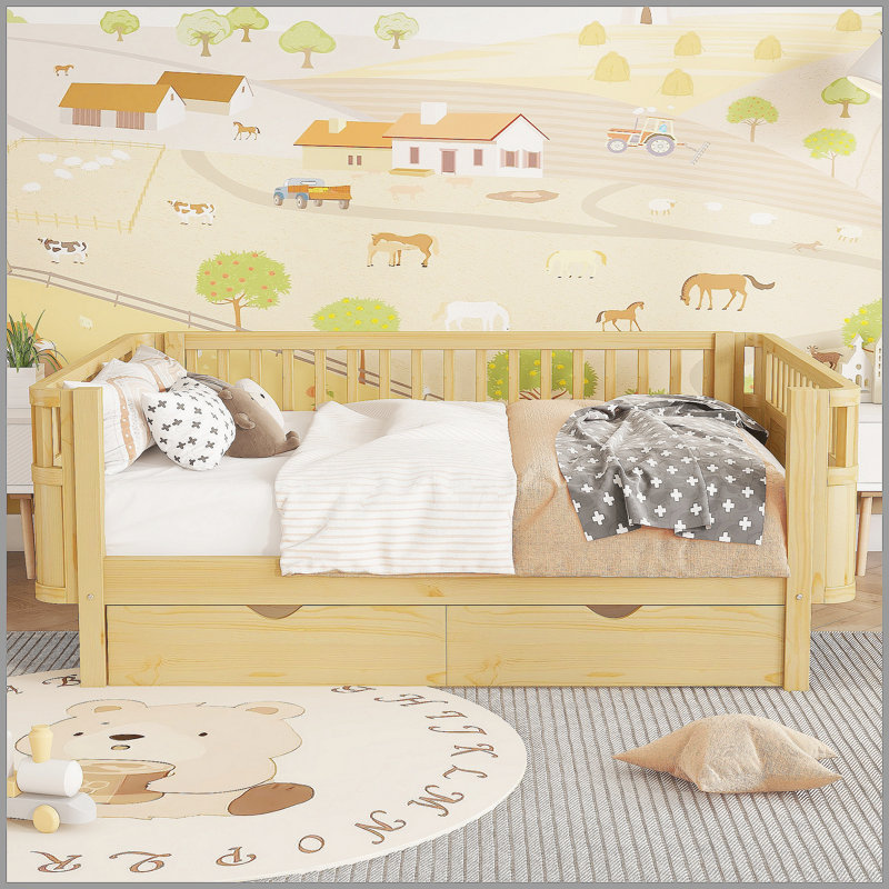 Lit plateforme double en bois pour enfants, lit double en bois à profil bas avec rails pour filles et garçons, naturel