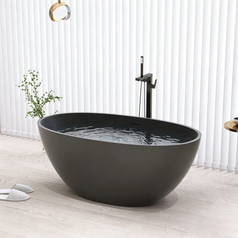 55-Inch Freestanding Solid Surface Bathtub With Drain, Matte Black