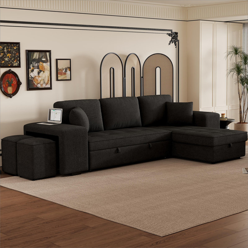 Canapé modulaire réversible en L de 104 po à 3 places, canapé-lit escamotable avec méridienne de rangement et 2 tabourets pour le salon, gris anthracite