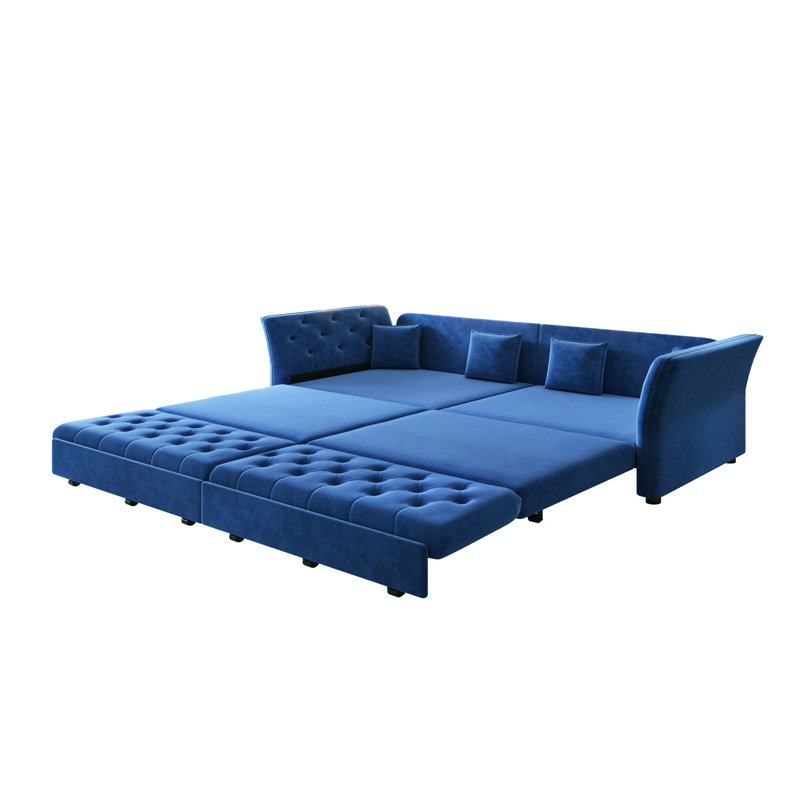 Canapé-lit escamotable surdimensionné de 100 po, canapé-lit convertible avec motif capitonné en tissu fait à la main, causeuse en velours multifonctionnel pour le salon, la chambre à coucher, un appartement, bleu