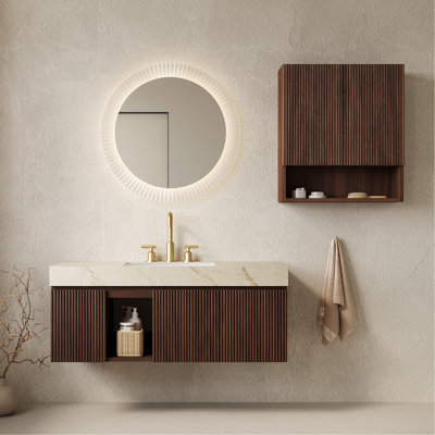 Ensemble combiné de 48 po + TOBI 26 po, meuble-lavabo suspendu avec rangement, comptoir en pierre frittée couleur crème veinée or, lavabo en céramique, 3 trous prépercés pour robinetterie, robinetterie et bonde non inclus, couleur noyer.