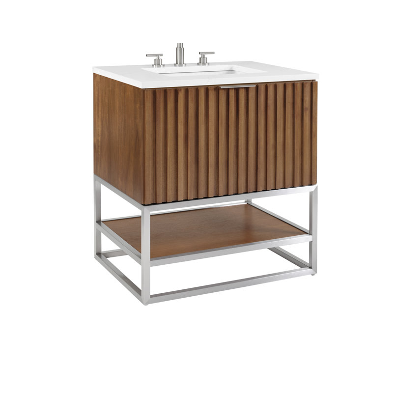 Terra 30'' Single Bathroom Vanity with Top, Walnut, White Quartz/Single Faucet Mount, Brushed Nickel