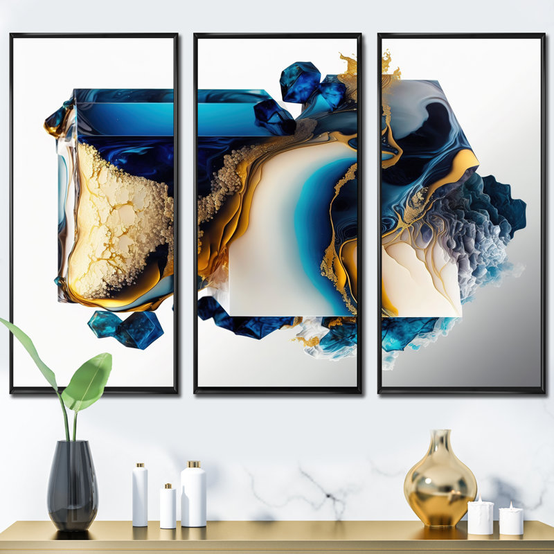 «Abstract Geode Modern Shape», reproduction sur toile 3 pièces, Cadre flottant noir, H 28 po x l 36 po x P 1 po