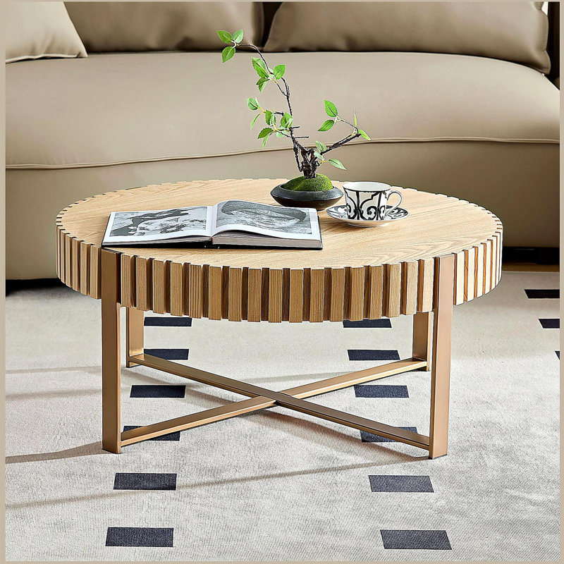 Modern Handcraft Drum Coffee Table with Sturdy Pedestal and Natural Ash Finish, Versatile for Any Room.