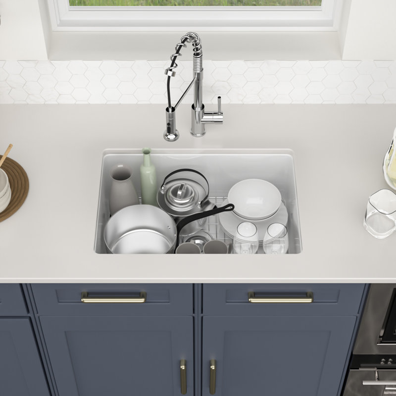27" L x 19" W Undermount Ceramic Kitchen Sink White Ceramic Kitchen Sink with Grid and Strainer