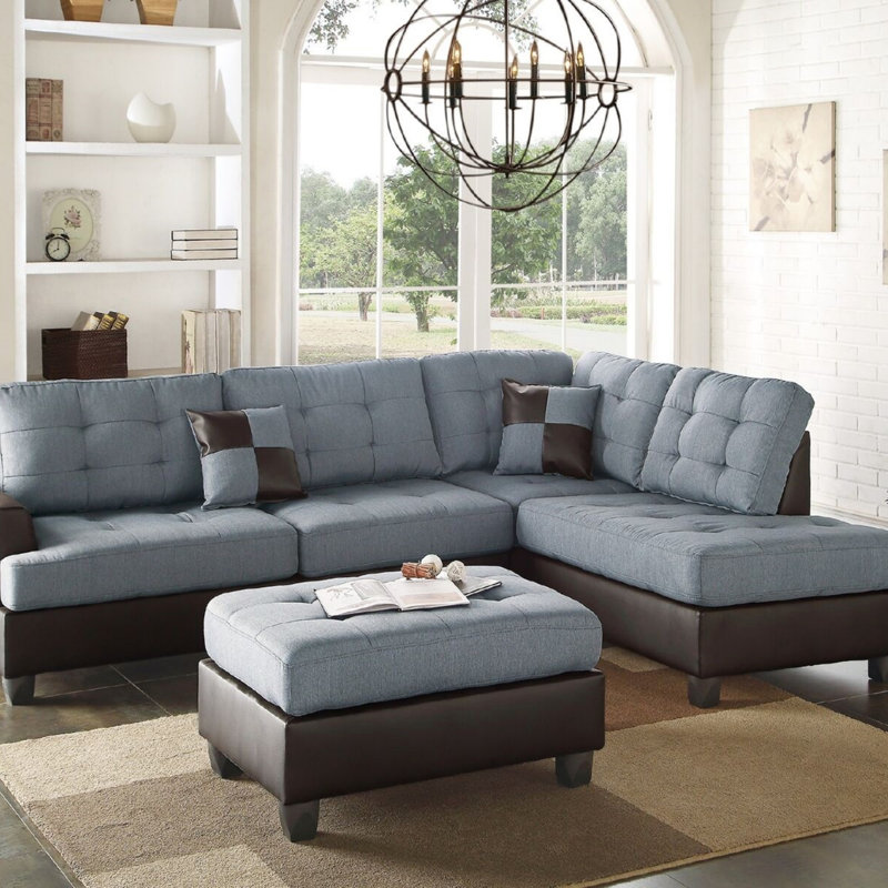 Canapé modulaire contemporain en polyfibre gris avec coussins en tissu capitonné et réversible 3 pièces