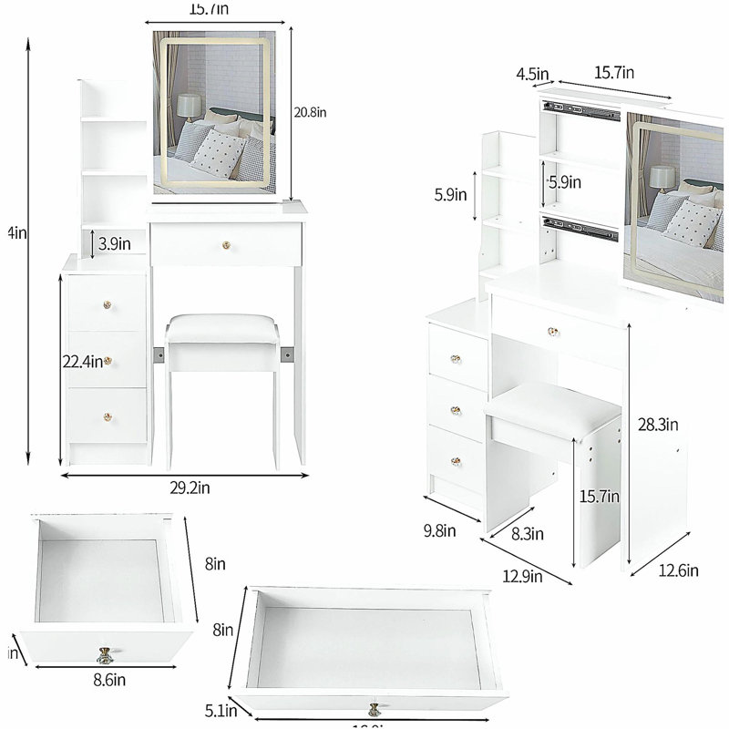 Petite coiffeuse 29,2 po avec tabouret de chevet gauche + grand tabouret rembourré, commande tactile, interrupteur tricolore, miroir à luminosité réglable, rangement grande capacité, convient aux petits espaces