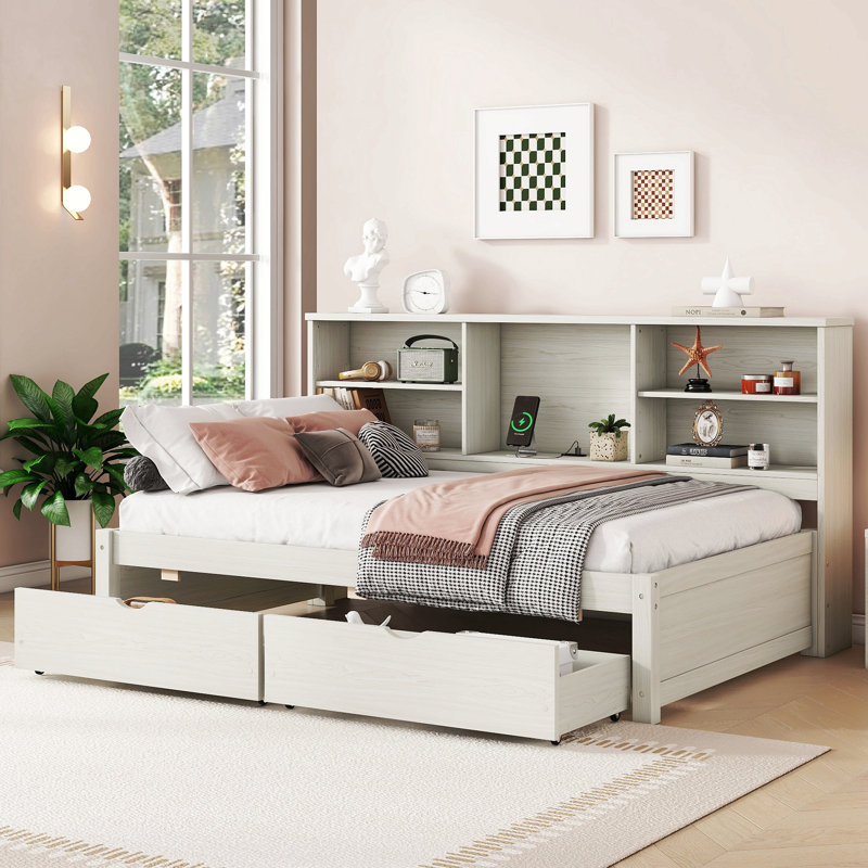 Twin Size Bed Frame With Side Bookshelves, Two Drawers, And Built-In Usb Port, Creamy White
