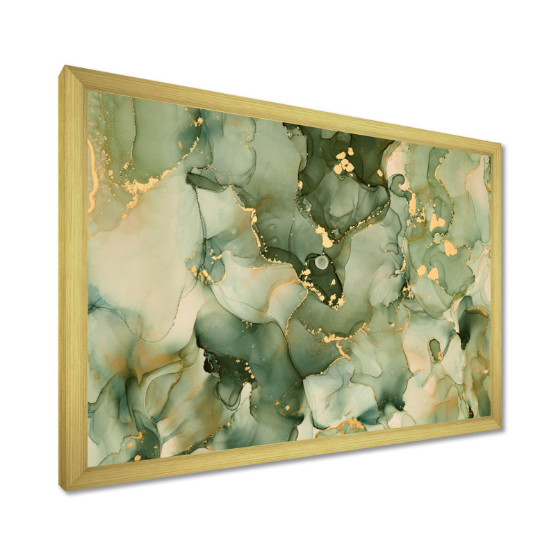 «Green Luxury Abstract Fluid Art I», reproduction d'art sur toile moderne, H 30 po x l 40 po, Impression encadrée, Doré