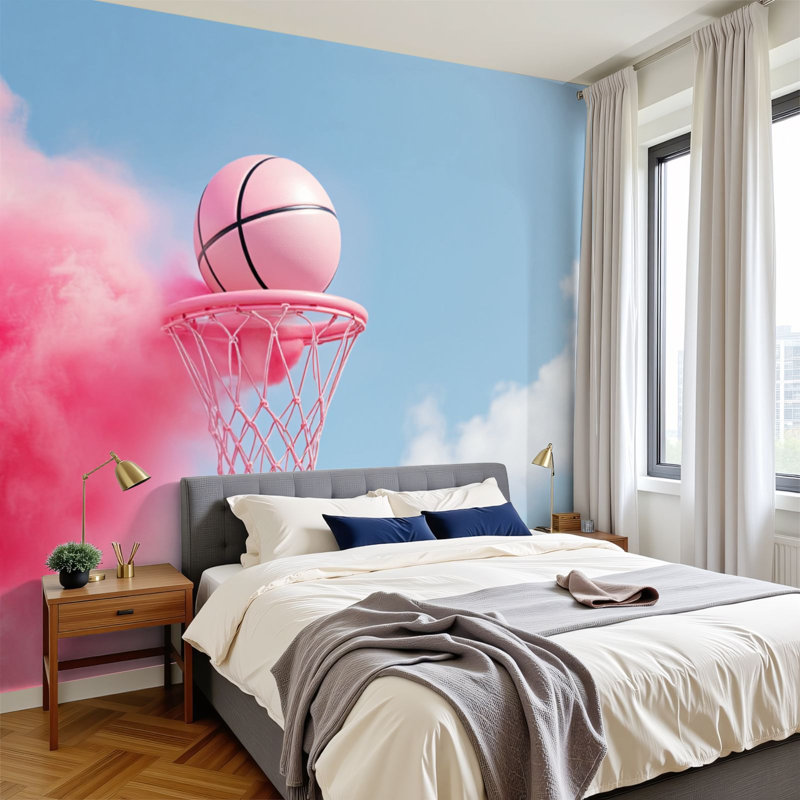 Murale auto-adhésive pour chambre à coucher avec panier de basketball rose, L 144 po x l 100 po