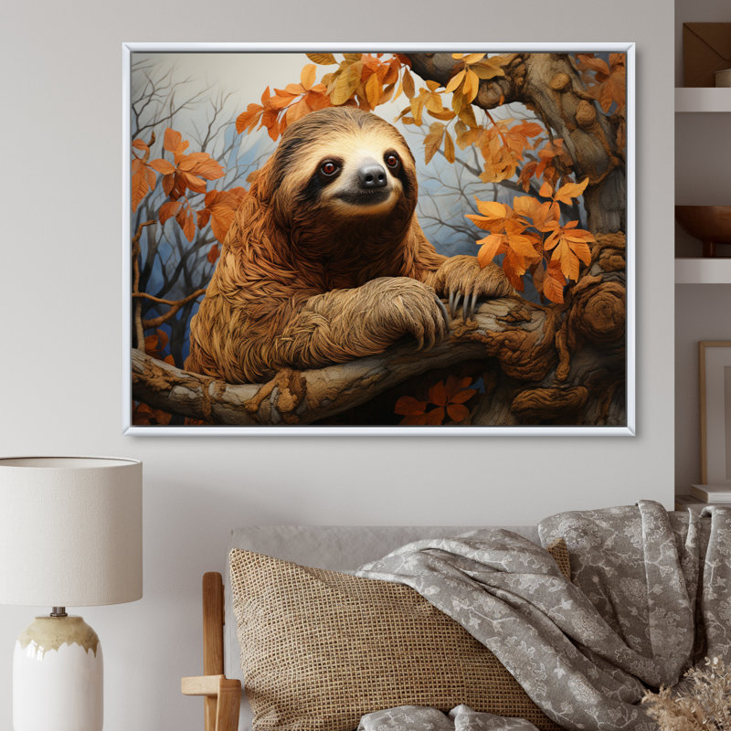 «Sloth on Branch Serenity I», reproduction sur toile, H 30 po x l 40 po x P 1,5 po, Cadre flottant blanc