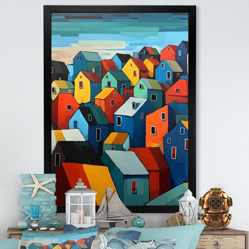 "Blue and Orange Cityscape Chronicles", reproduction d'art sur toile, Cadre photo noir, H 20 po x l 12 po x P 1 po
