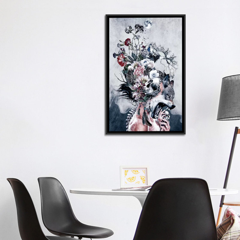 Loup et crânes par Riza Peker - impression d'art graphique, H 40 po x l 26 po x P 1,5 po, Toile avec cadre noir, Pas de tapis